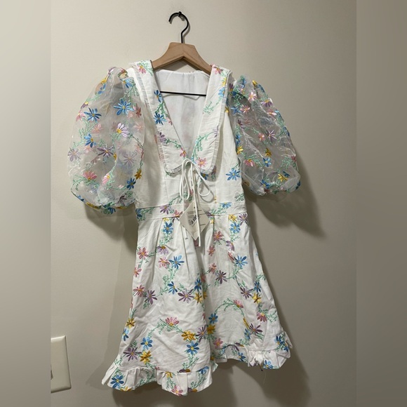 J. ING Sailor Peter Pan Color Floral Embroidered Puff Sleeve Ruffle Dress Small - Picture 3 of 12